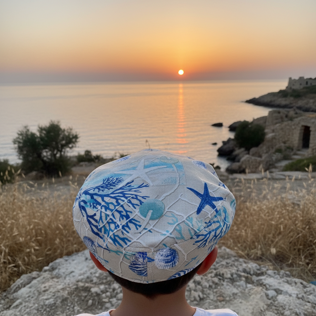 Coppola Siciliana Bambino/a Fantasia Corallo Blu - Cappello Tim Beige