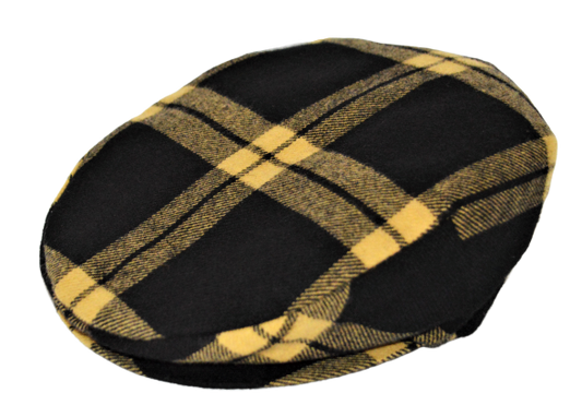 ''Pirandello'' flat cap in yellow and black Scottish pattern wool