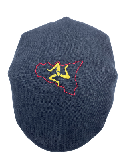 - Coppola modello 'Pirandello' in Lino Nero con ricamo Trinacria