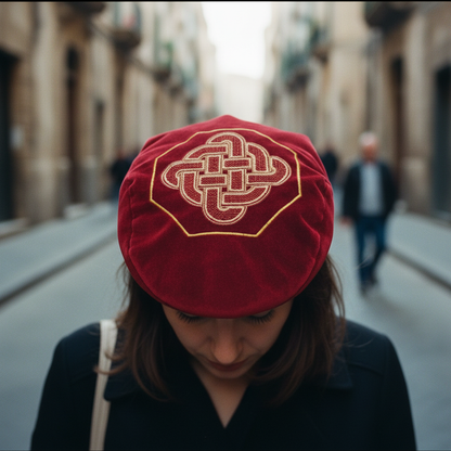 Coppola modello 'Pirandello ' in velluto liscio rosso con  Ricamo Acquileia