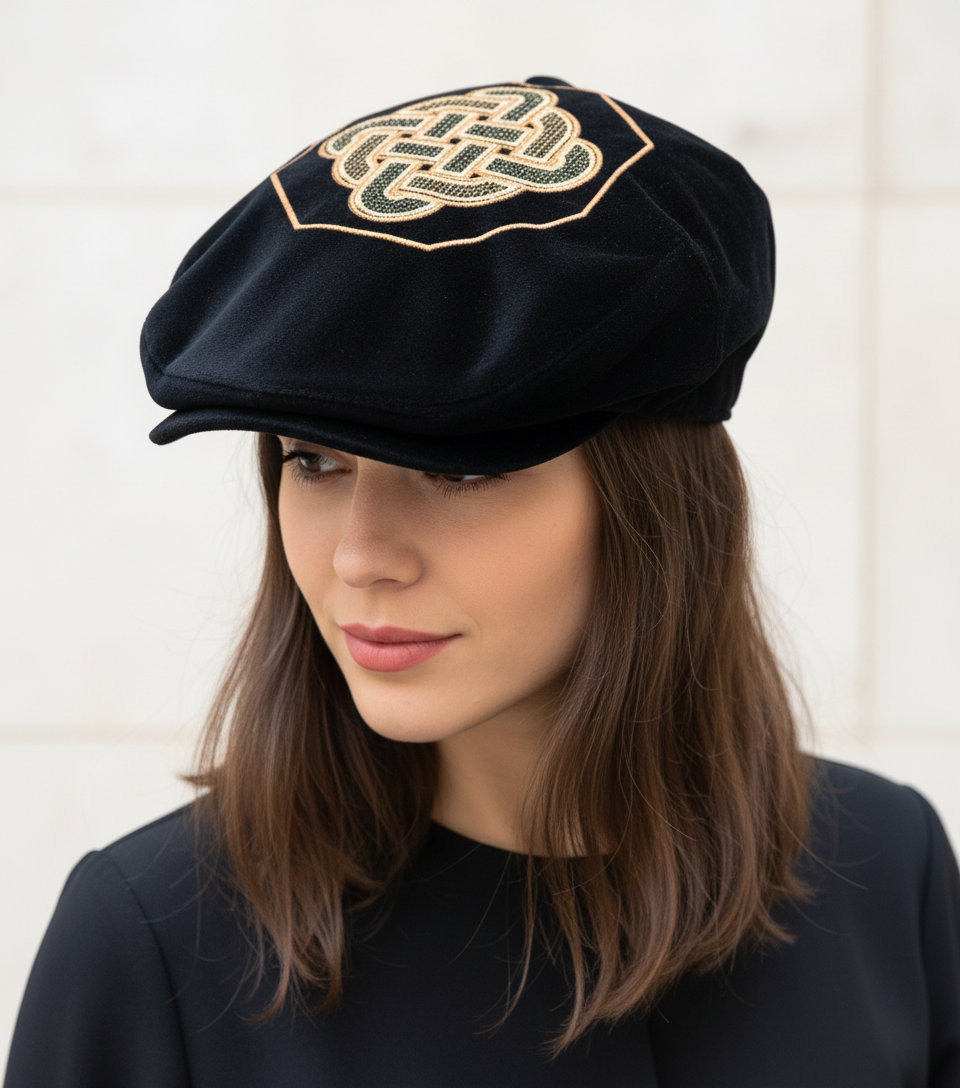 Coppola modello 'Pirandello ' in velluto liscio nero con  Ricamo Acquileia