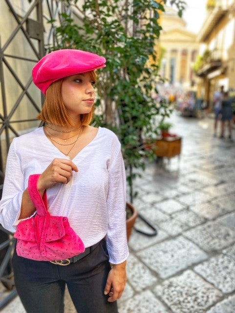 Gorra plana ''Pirandello'' de terciopelo fucsia